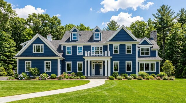 A beautiful blue suburban colonial style house with lush green lawn and bright blue sky