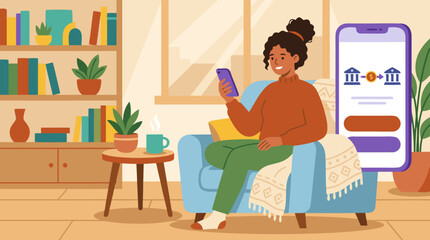 Fototapeta premium Smiling woman transfers money on a mobile banking app from a cozy living room couch with warm decor, showing secure digital finance, cashless payments, online accounts and modern home convenience
