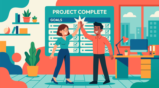 Cheerful coworkers high five in a colorful modern office before a completed project checklist, celebrating teamwork goals, business success, productivity milestones and positive workplace achievement