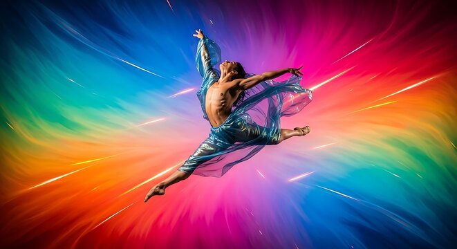 Graceful Female Dancer Performing Indoors with Dynamic Colorful Background.