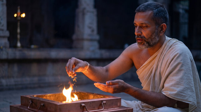 Indian priest performing fire ritual - Elderly man performing ritual offering by fire in temple setting  