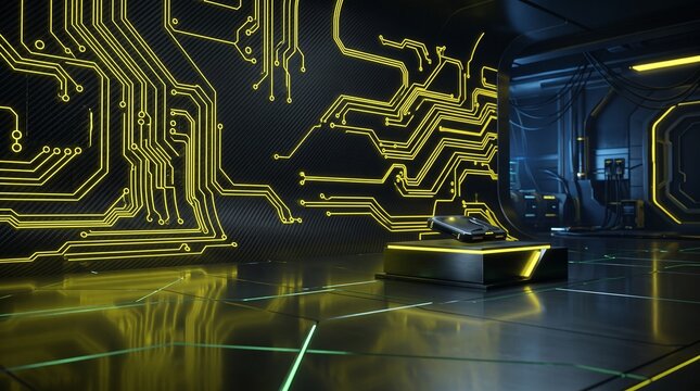 Futuristic Cyberpunk Yellow and Green Neon Circuit Board 3D Background