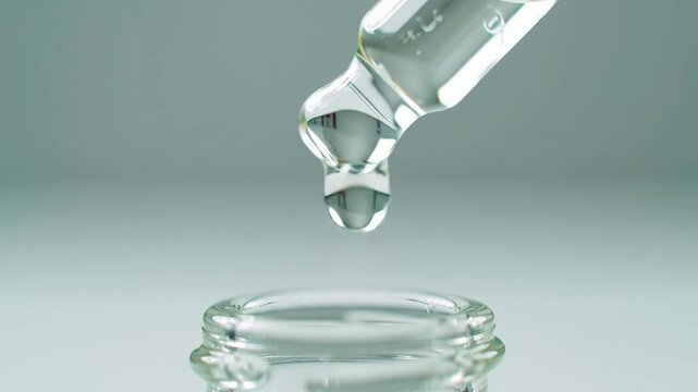 Macro Close-Up Of Clear Solution Dripping Slowly From A Dropper Onto A Glass Surface In A Laboratory Setting