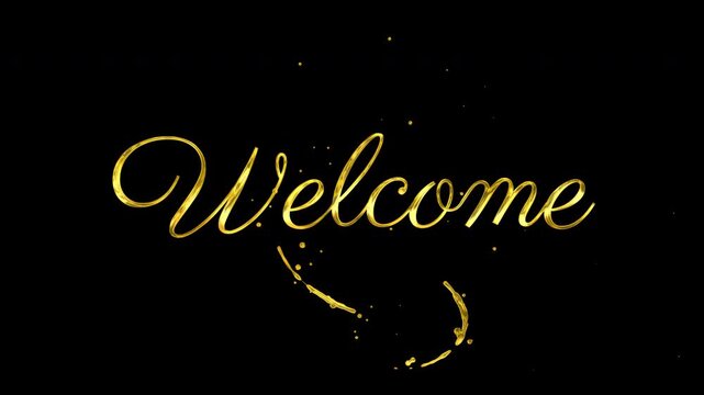 Golden welcome text animation with sparkling particles on black