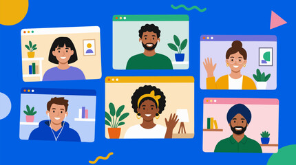 Fototapeta premium Diverse remote workers smiling in floating video call windows, cheerful multicultural team meeting online with home offices, waving faces and bright collaboration vector scene illustration