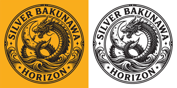 Celestial Bakunawa Serpent and Crescent Moon Badge Illustration
