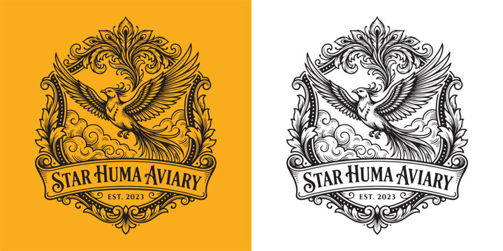 Decorative Star Huma Aviary Phoenix Crest Vintage Illustration
