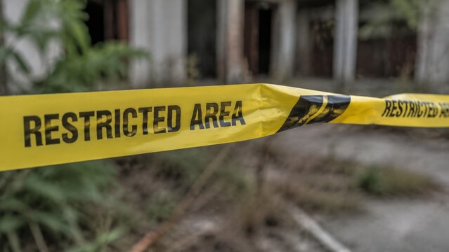 Yellow restricted area tape stretched across the entrance of an abandoned overgrown building with crumbling columns and vegetation growing through the structure