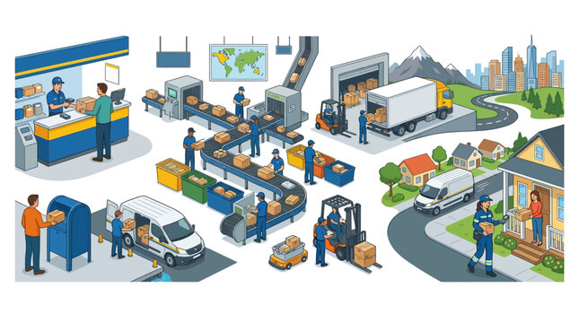 Isometric view of postal workers in a logistics chain, processing packages from mail sorting to delivery vans, set against a cityscape and residential background with global map detail