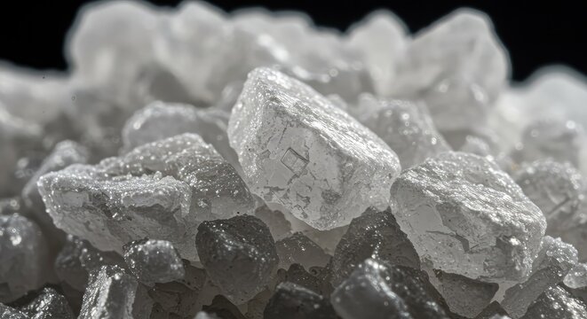 Extreme close-up of rough, white sea salt crystals. The mineral texture and sharp edges imply freshness and salinity derived from ocean water ,salt ,coarse ,close up