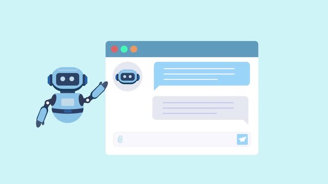 Flat vector illustration of a robot assistant beside an AI chat interface with conversation bubbles, representing virtual assistance, customer support, messaging, and intelligent communication.