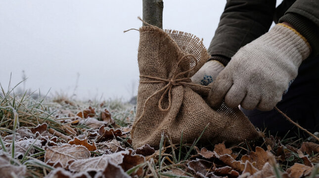 Gloved gardener ties burlap around young tree trunk on frosty grass for winter plant protection cold weather landscaping seasonal garden care natural jute wrap outdoor preparation scene