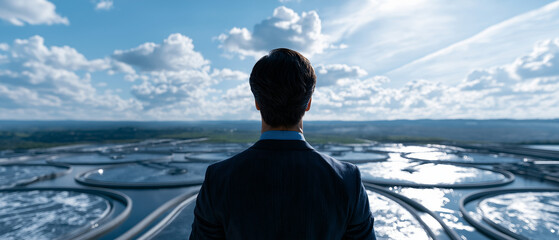 Fototapeta premium Man in Suit Looking at the Cityscape: A businessman in a dark suit stands with his back to the camera, gazing out at a vast, modern cityscape under a bright, cloudy sky.