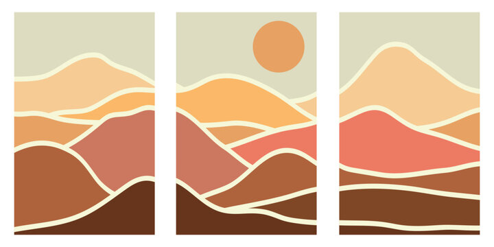 A collection of creative backgrounds featuring mountain scenery and abstract mountain ranges. Mid-century modern style mountain illustrations in contemporary twilight hues.