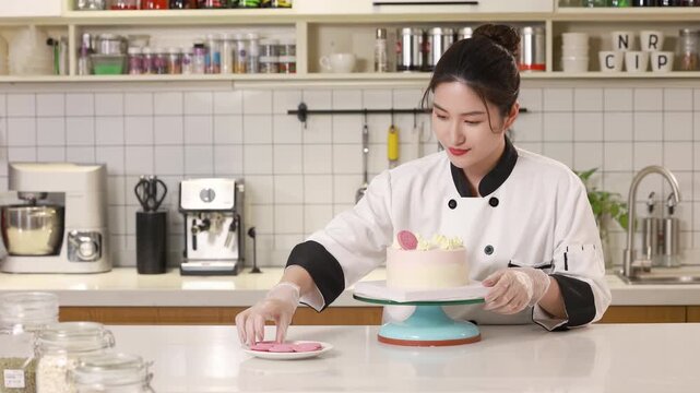 Skilled pastry chef carefully decorating a delicious birthday bakery order, master baker in white uniform finishing sweet dessert cake in professional kitchen setting, baking, confectionery, culinary