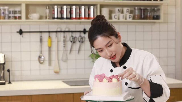 Pastry chef carefully decorating delicious birthday bakery order, master baker in white uniform finishing sweet dessert cake spin slowly on turntable in modern kitchen, baking, confectionery, culinary