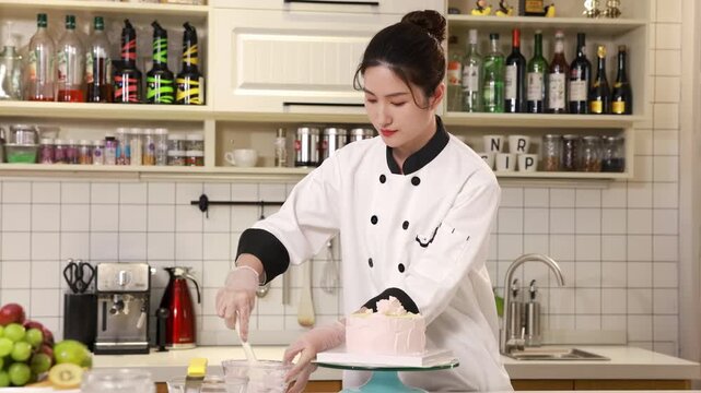 Master pastry chef carefully spreads frosting, smooths sweet cream icing spatula for bakery order in kitchen, birthday cake spins slowly on turntable, ideal baking, confectionery, culinary tutorials