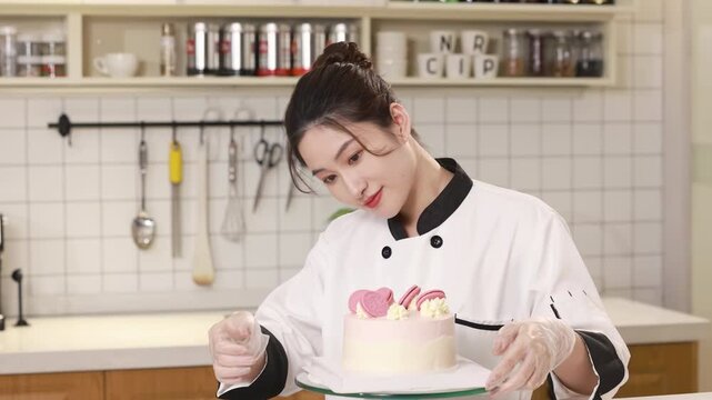 Pastry chef carefully decorating a delicious birthday bakery order, master baker in white uniform finishing sweet dessert cake spins slowly on turntable, baking, confectionery, culinary tutorials