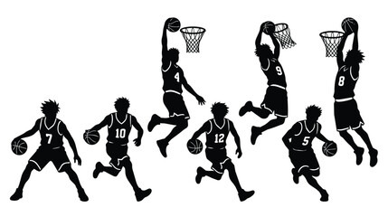 Basketball player silhouettes set, 7 vector athlete figures dribbling and dunking, black sport action poses for team graphics and tournament posters © Shahzaib