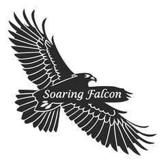 Naklejka premium A black and white of a soaring falcon in flight with the text soaring falcon on a white background, for branding use