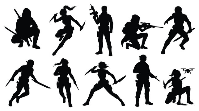 Tactical assassin silhouettes set, 10 mercenary character vectors with weapons, black ninja and special forces soldier figures for gaming and action design