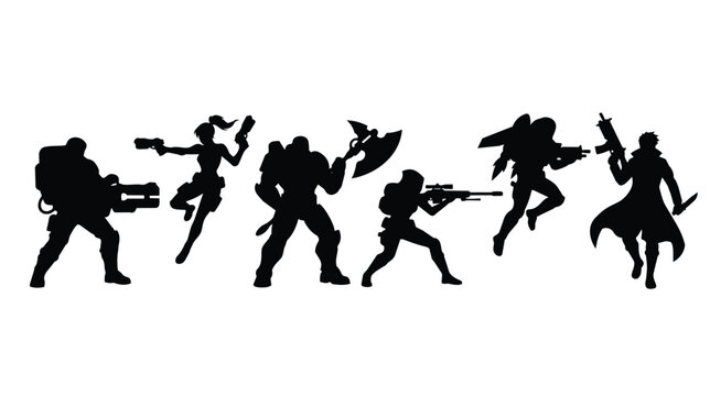 Sci-fi soldier silhouettes with futuristic weapons, 6 action character poses for gaming. Cyberpunk warrior vector set, tactical mercenary combat team.