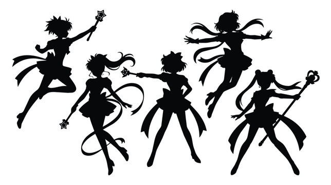 Anime magical girl silhouettes, set of 5 female warrior vector characters, Japanese manga style heroines with wands and ribbons for cosplay graphics