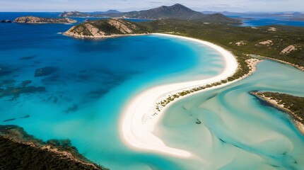 Breathtaking Aerial View of Whitehaven Beach Turquoise Waters and Pristine White Sand Spit in Whitsunday Islands Australia, Stunning Tropical Paradise with Crystal Clear Ocean and Lush Green Forest
