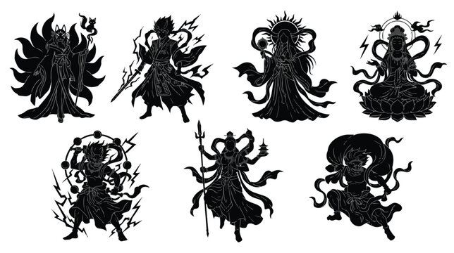 Japanese mythology deity silhouettes, set of 7 black vector gods and goddesses, traditional folklore character icons for gaming and apparel design