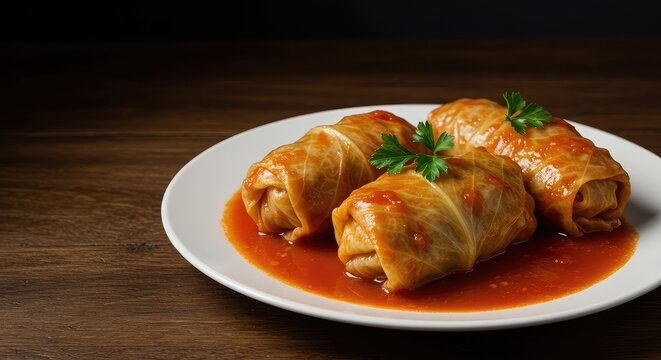 Classic savory stuffed cabbage rolls bathed in rich tomato sauce, displayed beautifully on a wooden table, ready for a hearty meal ,winter food ,homemade ,tomato sauce