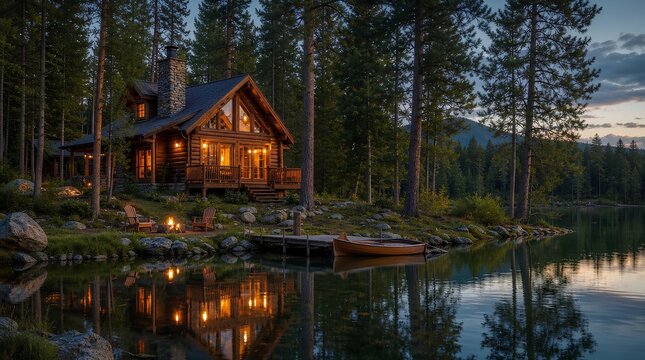 Cozy Timber Cabin Nestled Among Tall Pine Trees Beside Still Reflective Pond at Dusk, Warm Glowing Lights, Wooden Rowboat at Dock, Serene Wilderness Retreat, Tranquil Lake Reflection