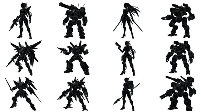 Futuristic mecha and cyborg silhouettes, set of 12 sci-fi robot and warrior character icons, black vector shapes for gaming and concept art