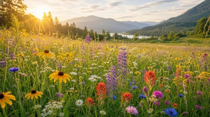 Fototapeta premium Summer Wildflower Meadow at Sunrise: Vibrant Blooming Wildflowers in Soft Golden Morning Light with Mountain Lake Landscape Background, Serene Peaceful Nature Scene, Floral Beauty and Tranquility