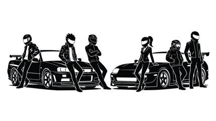 Street racing culture vector illustration, black and white silhouettes of drivers with sports cars, underground car meet graphic with helmeted racers © Shahzaib
