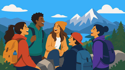 Fototapeta premium Diverse group of cheerful friends laughing on a mountain viewpoint, colorful hiking backpacks, alpine lake and snowy peaks, outdoor adventure travel friendship vector illustration scene