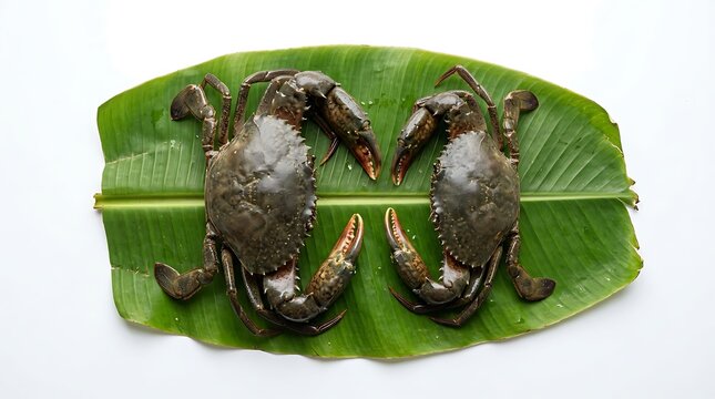 Freshly caught raw mud crabs displayed on a vibrant green banana leaf, ready for culinary preparation