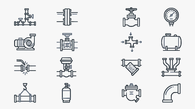 Minimalist Black and White Line Icons Set of Plumbing and Industrial Valves Pipes and Equipment