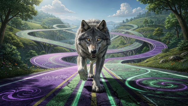 A wolf standing on unusual road surfaces with the wolf having thick gray