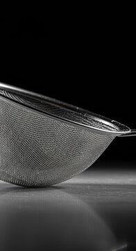 Detailed close-up view of a fine mesh kitchen strainer resting on a clean surface, ready for sifting dry ingredients or draining hot liquid ,essential ,silver ,wire