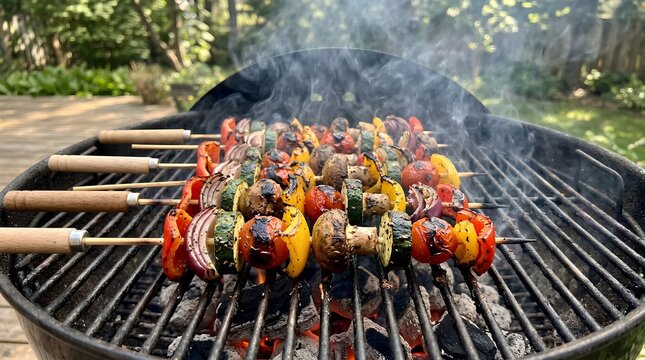 Vibrant and colorful grilled vegetable skewers featuring charred red and yellow bell peppers, tender mushrooms, and fresh sliced zucchini producing aromatic smoke over a hot outdoor barbecue grill