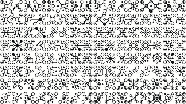 Minimalist black cryptographic symbols and connected technical patterns