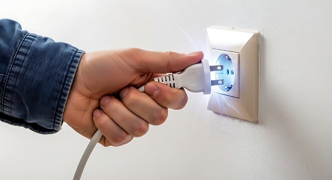 Hand plugging USB cable into wall outlet for charging.