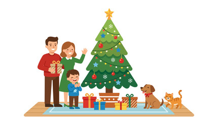 Family celebrating Christmas by decorated tree with gifts. © Klosowulu