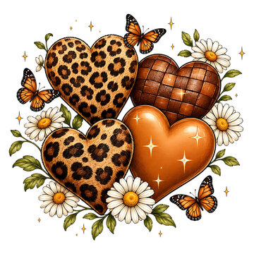 Boho Leopard Print Hearts PNG