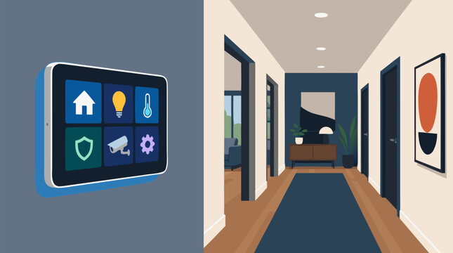 Futuristic illuminated smart home control panel mounted on modern hallway wall featuring intuitive touchscreen icons for lighting security climate and surveillance in sleek minimalist interior vector