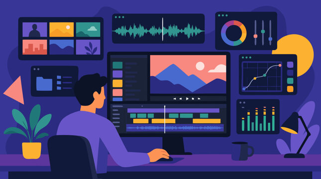 Creative video editor working at modern workstation surrounded by floating timelines color wheels waveforms and graphs on vibrant purple background in dynamic digital art style vector illustration