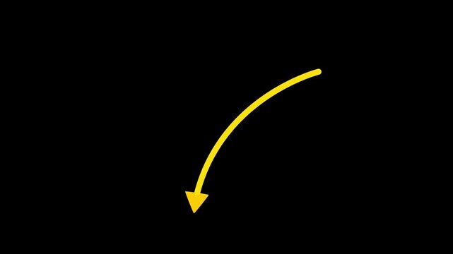 Hand-drawn stop motion down arrow on a transparent background, hand-drawn yellow arrow animation