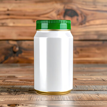 Blank Plastic Container with Green Lid on Wooden Surface