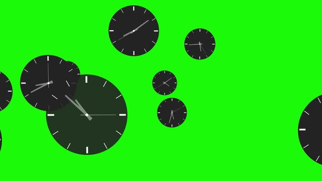 video animation of a clock on green screen, the clock spins quickly, moving from the back to the front of the screen