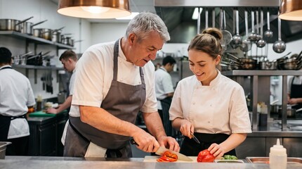 Senior male chef teaches a young female apprentice how to slice fresh red bell peppers